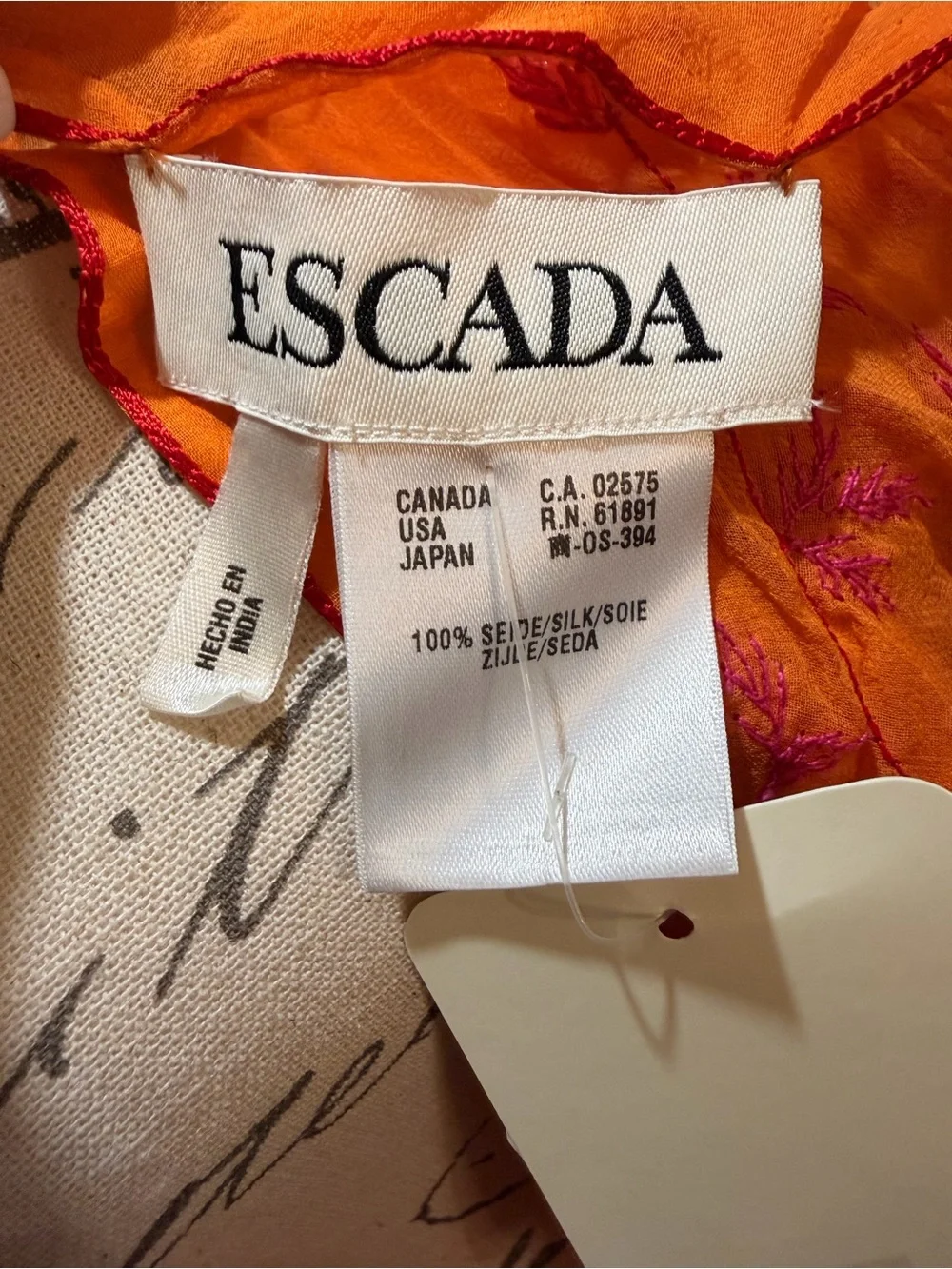 Vintage Escada Embroidered Silk Scarf Sheer Orange Pink Sequins